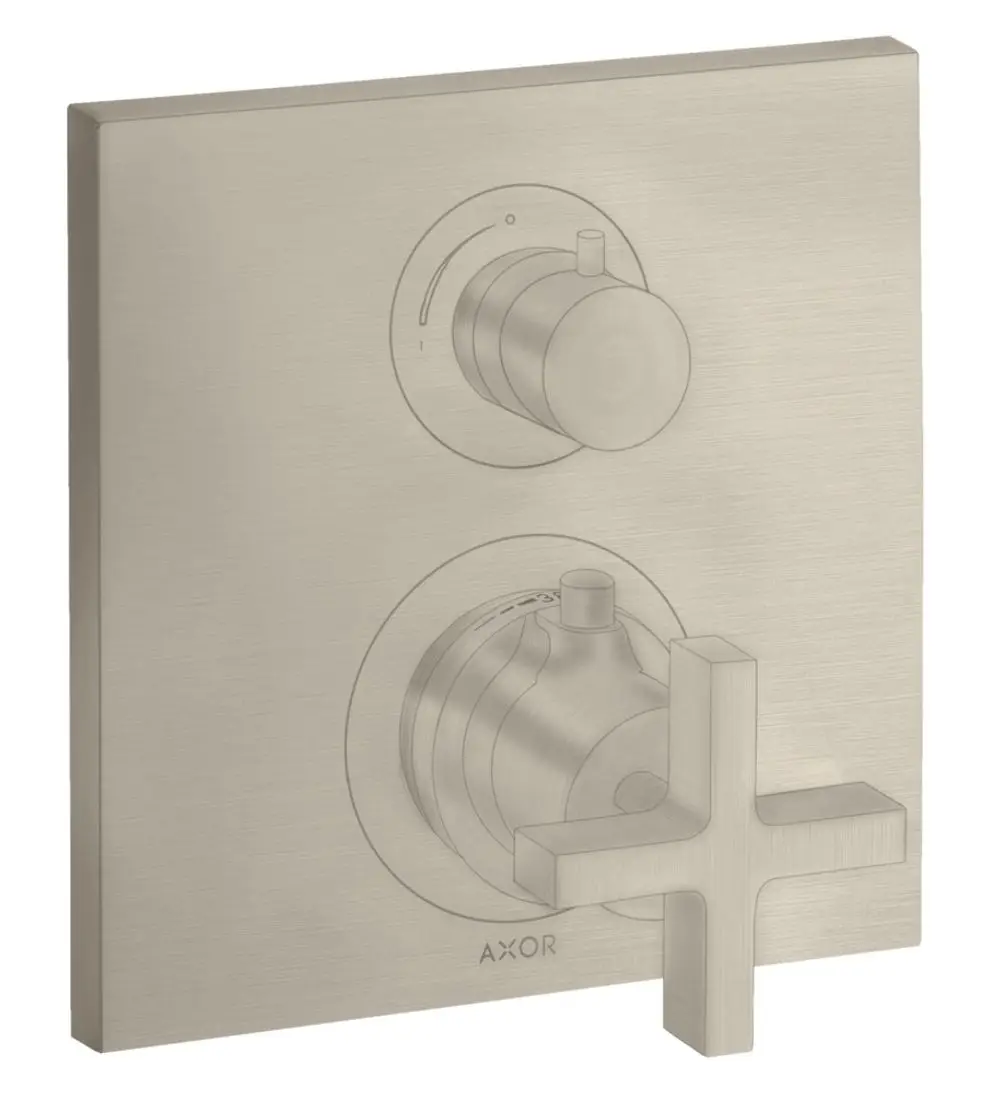Unterputz-Thermostat mit Absperrventil und Kreuzgriff in gebürstetem Nickel von AXOR, bestehend aus einem quadratischen Bedienfeld und zwei Drehreglern.